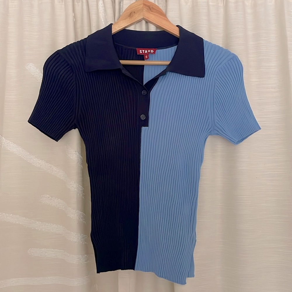 Staud “Brice” Sweater | Blue bicolor collared s/s sweater Size M